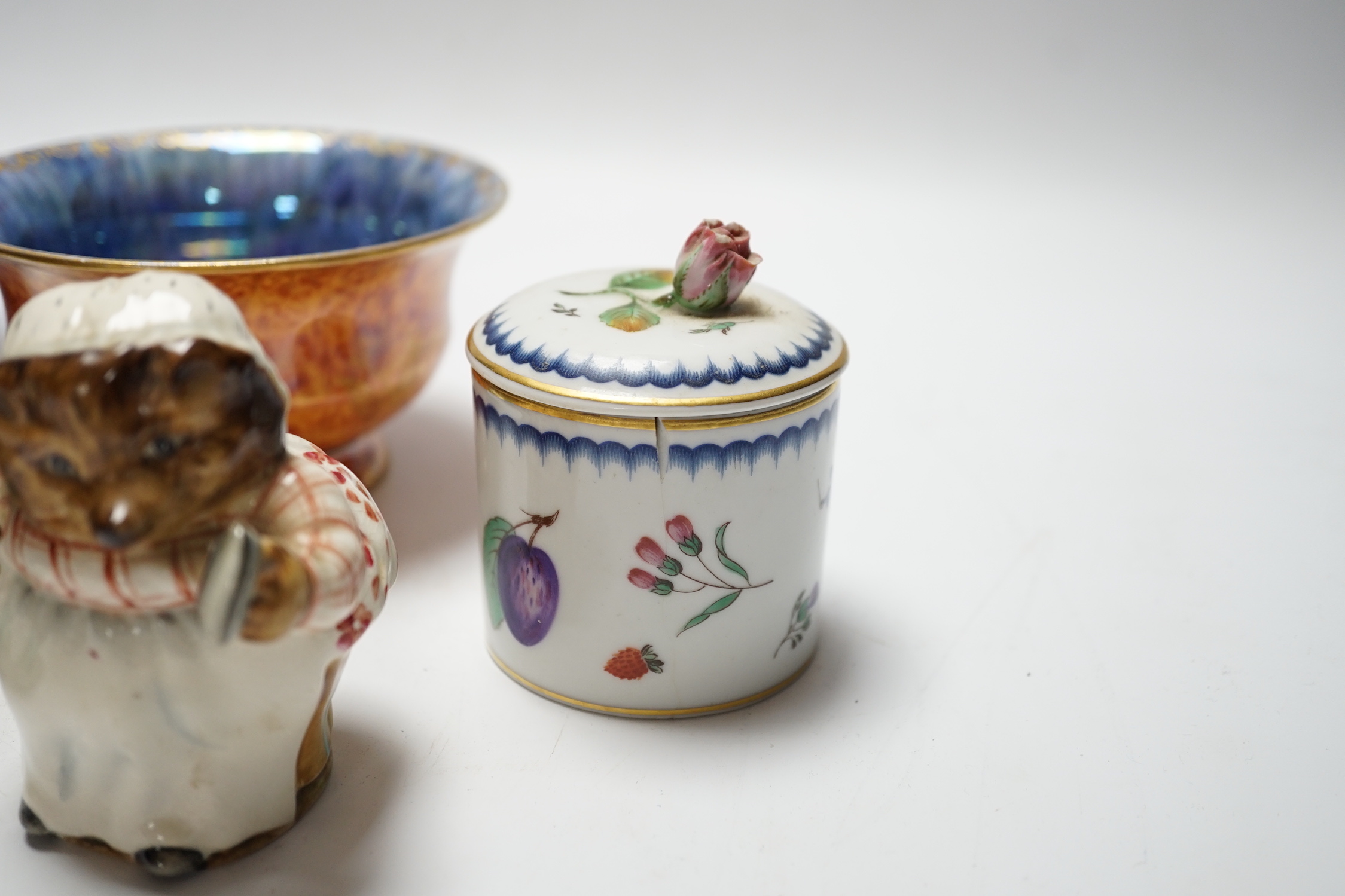 Two Wedgwood lustre bowls, a Vasart type glass bowl and two other items comprising Beatrix potter figure and Italian porcelain pot and cover, largest 13cm in diameter